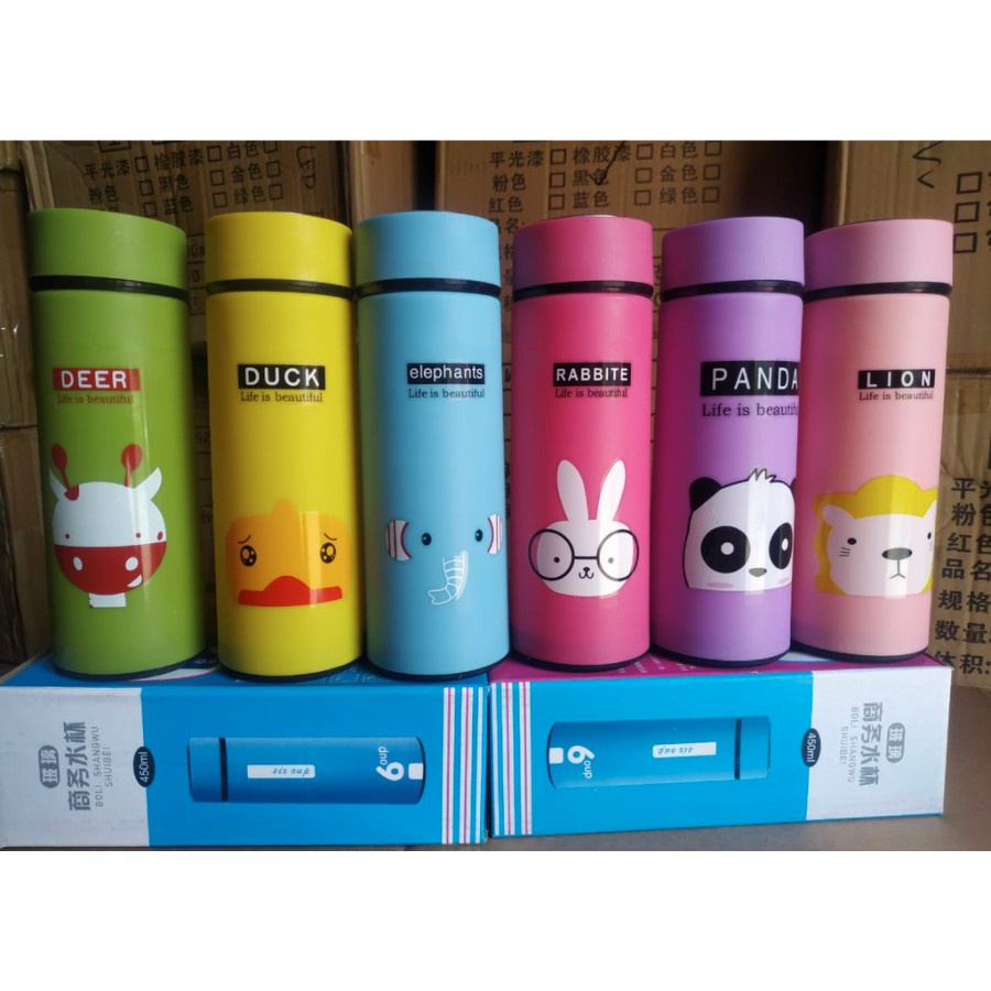 Botol KACA Termos GLASS ANIMAL Kapasitas 450 ML PANDA RABBIT DUCK LION HEWAN LUCU LAINYA