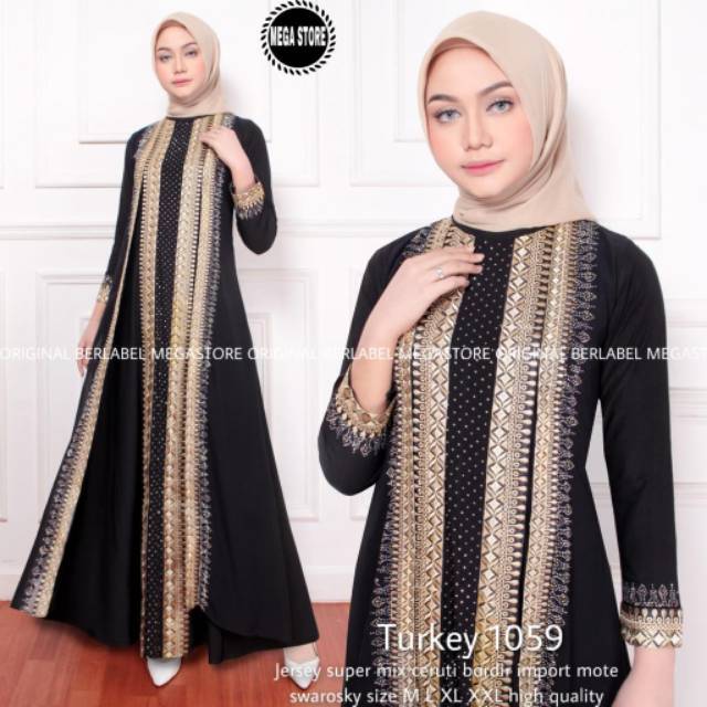 GAMIS ABAYA JERSEY MIX CERUTY BORDIR IMPORT WITH SWAROVSKY || TURKEY #1059 || SOLO SURAKARTA