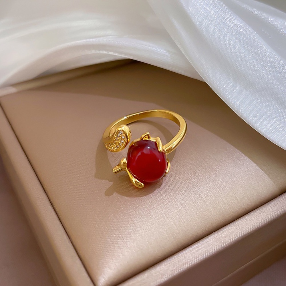 Set Cincin Model Terbuka Desain Geometri Aksen Berlian Ruby Fox Bead Warna Merah Untuk Wanita