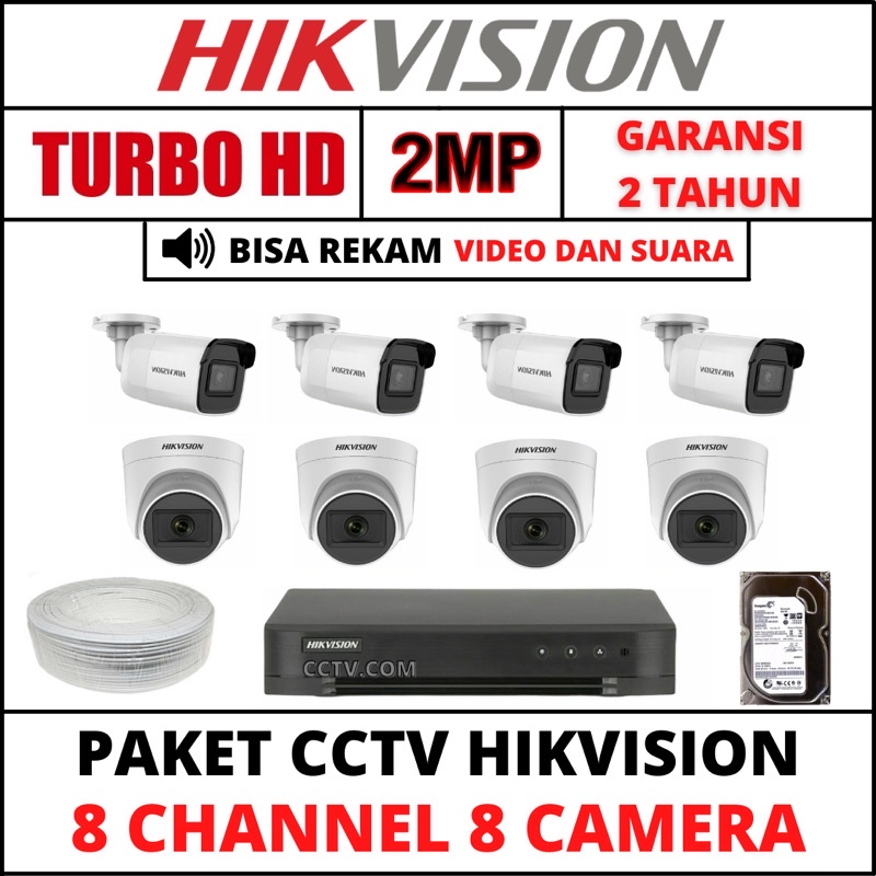 PAKET CCTV HIKVISION 2MP 8 CHANNEL 8 KAMERA 1080P TURBO HD/AUDIO KAMERA CCTV KOMPLIT TINGGAL PASANG