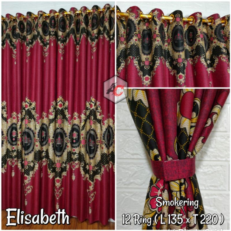 Gorden Tirai Motif Elisabeth Marun Maron / Hordeng Jendela Pintu Model Smokering 12 Lubang atau Cincin