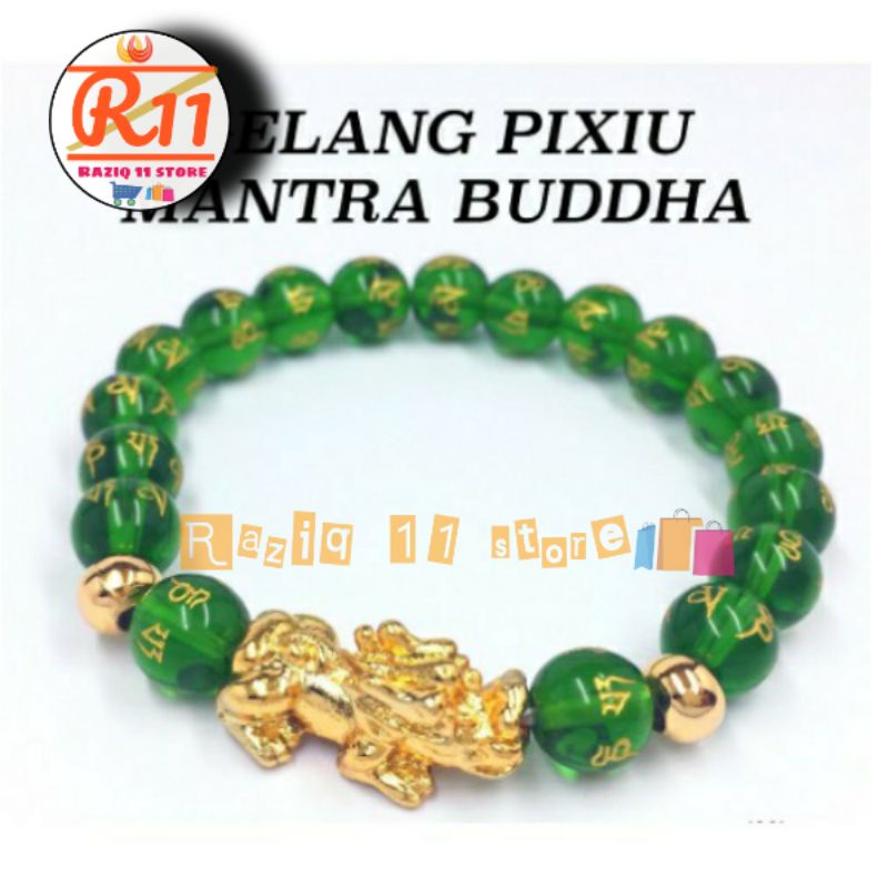 Gelang Batu Giok Asli Alam Warna Hijau  Mantra Budha Kombinasi Pixiu