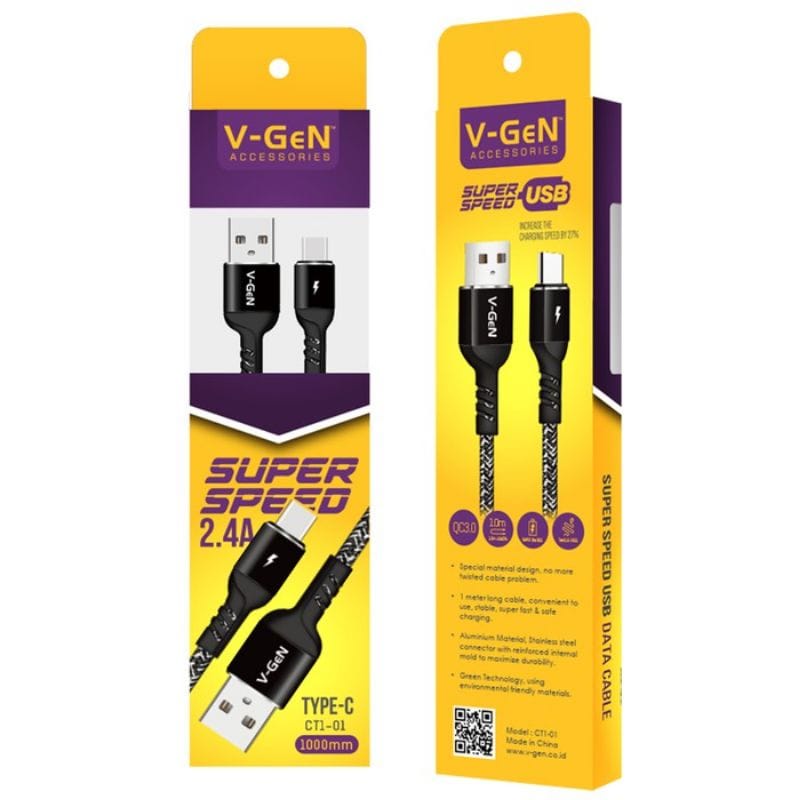 Kabel Data V-GEN CT1-01 TYPE-C Kabel Charger VGEN TYPE C Kabel Casan V-GEN CT1-01 TIPE C Fast Charging