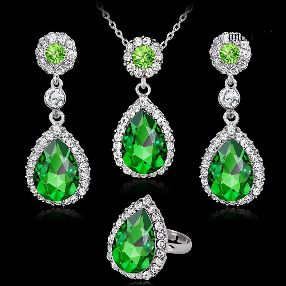 OW@ Women Fashion Rhinestones Inlaid Waterdrop Necklace Ring Earrings Jewelry Set