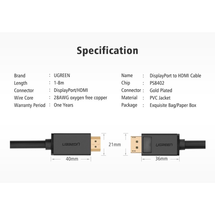 UGREEN Kabel DisplayPort (DP) to HDMI 1 meter - DP101