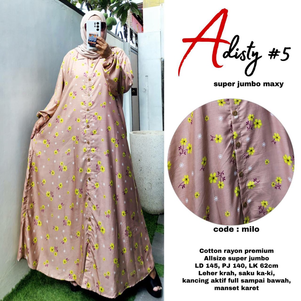 Adisty Dress Rayon Jumbo LD145 PB140 Muat BB100 - 125 kg Kancing Aktif Gamis Simpel Bumil Busui Adem