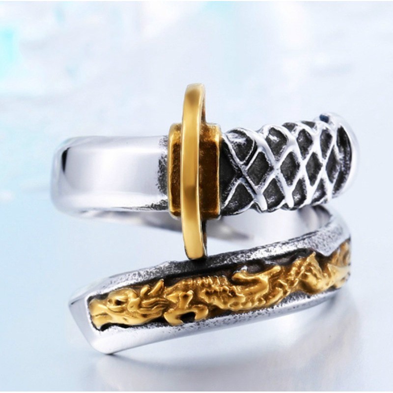 SeuSuk Fashion Japanese Samurai Sword Dragon Opening Knife Men Jewelry Ring Gift