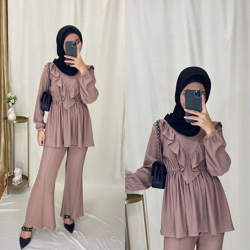 ANGGUN RUFFLE SET | ONE SET PREMIUM BAHAN PLEATS IMPORT | SETELAN DAPAT BAJU + CELANA