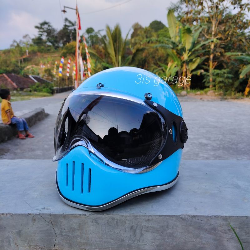 HELM CUSTOM CAKIL PILOT VISOR KLASIK RETRO LIST CHROME