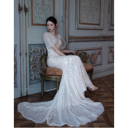 Long Wedding Dresses with Sleeves 2021 Sheer Neck Satin Ball Gown Bridal Korean Dress