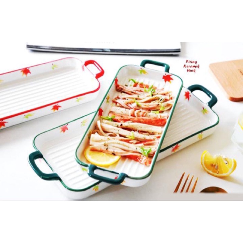 Piring Saji Keramik Kotak Motif Daun