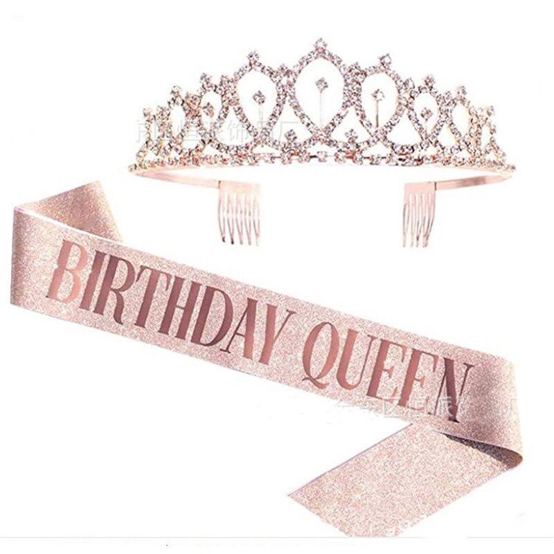 POTO PRODUCT ORI SET MAHKOTA CRYSTAL PREMIUM KRISTAL BLINK DAN SASH BIRTHDAY GIRL / QUEEN ROSE GOLD AKSESORIS ULTAH