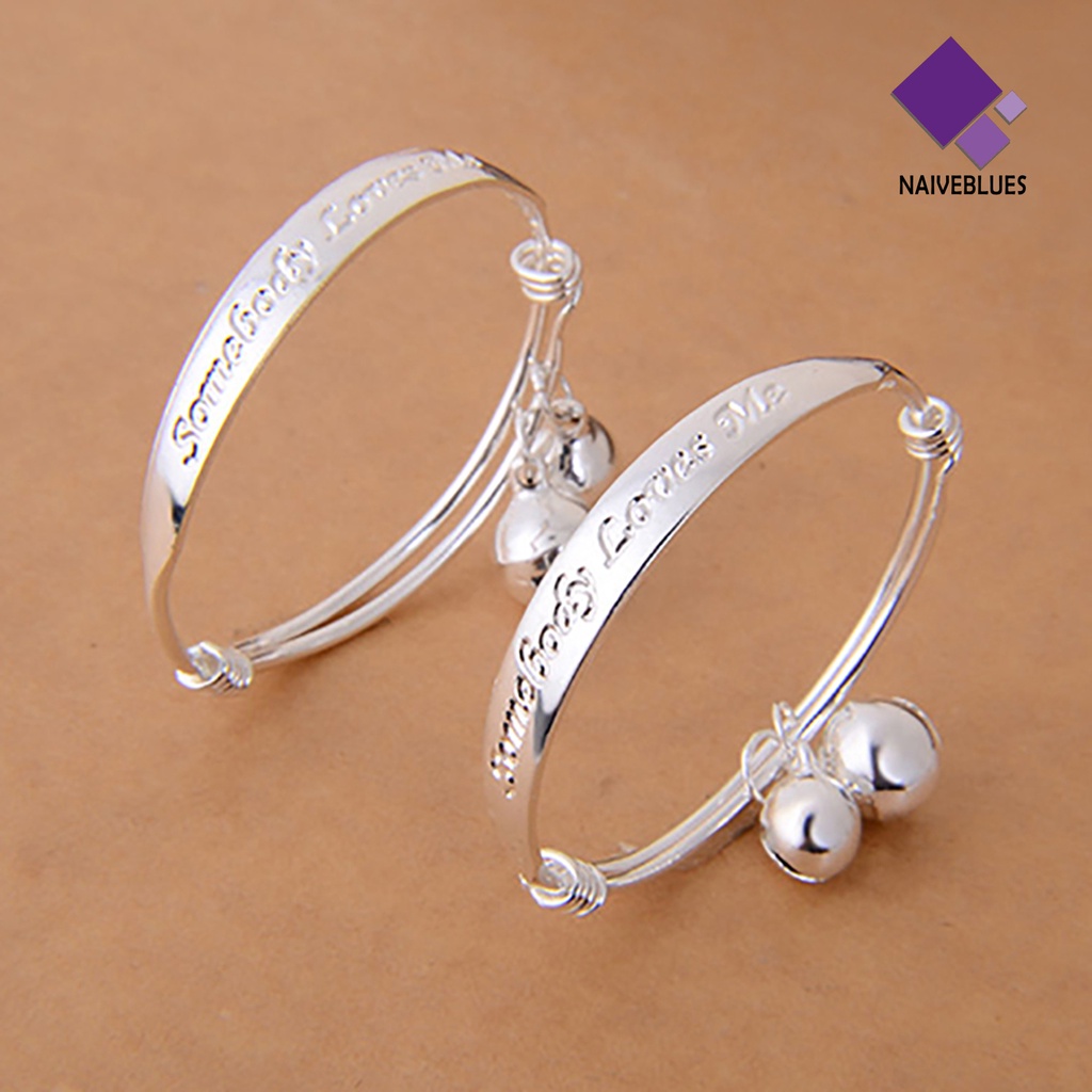 2pcs Gelang Lonceng Ganda Lapis Silver Motif Tulisan Inggris Untuk Bayi