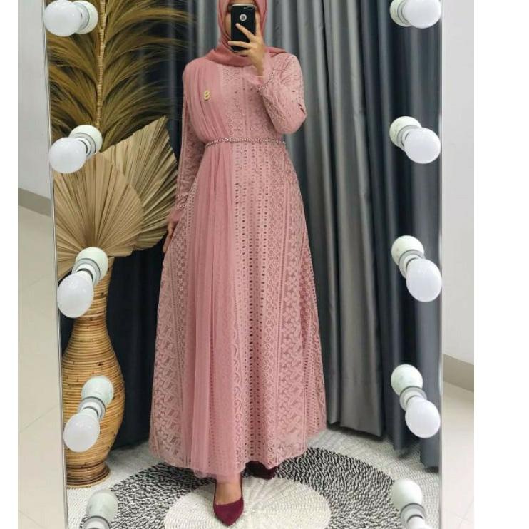 ♠ Gamis ozias Full brukat Tile slendang Gamis brokat premium mewah aksen pinggang mutiara Gamis Pest