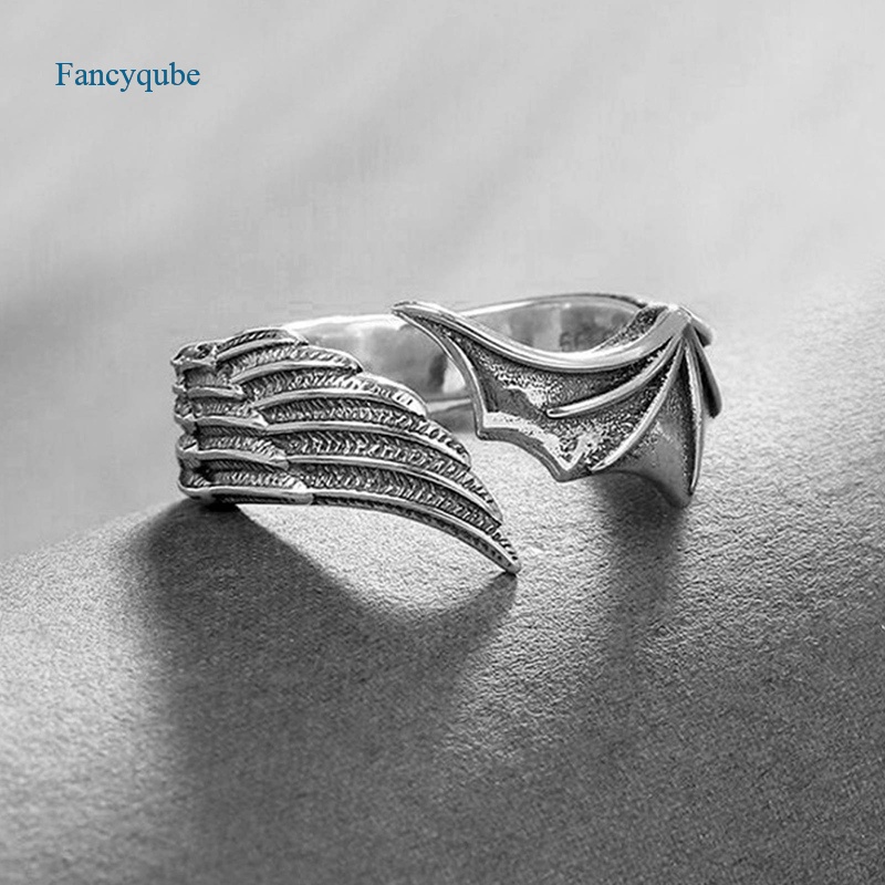 Fancyqube Cincin Model Terbuka Desain Sayap Malaikat Devil Bahan S925 Silver Plated Untuk Unisex