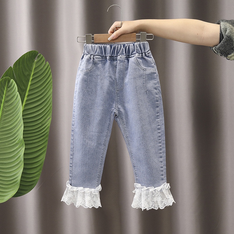 Celana Jeans Anak Perempuan Import  Premium Celana Panjang Anak Cewe Motif Renda Pita Mutiara