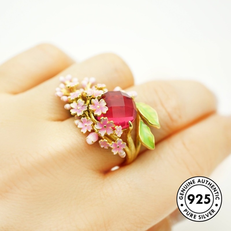 Cincin Lapis Silver S925 Desain Bunga Hias Batu Permata Pink Untuk Wanita