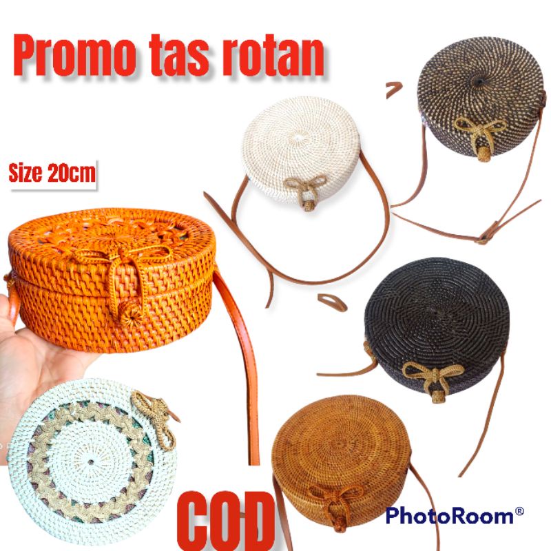 tas slempang ,tas rotan bulat bali / lombok, warna hitam, coklat , putih, motif pita ukuran 20 cm te
