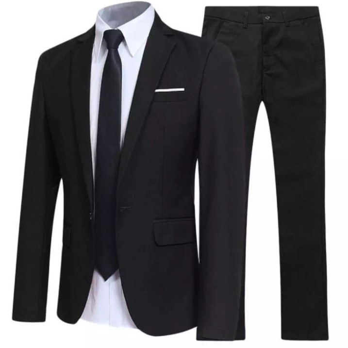 SETELAN BLAZER PRIA SLIMFIT KYLE BLACK INCLUDE CELANA HIGH TWIST + BONUS DASI PANJANG PAKET 4IN1