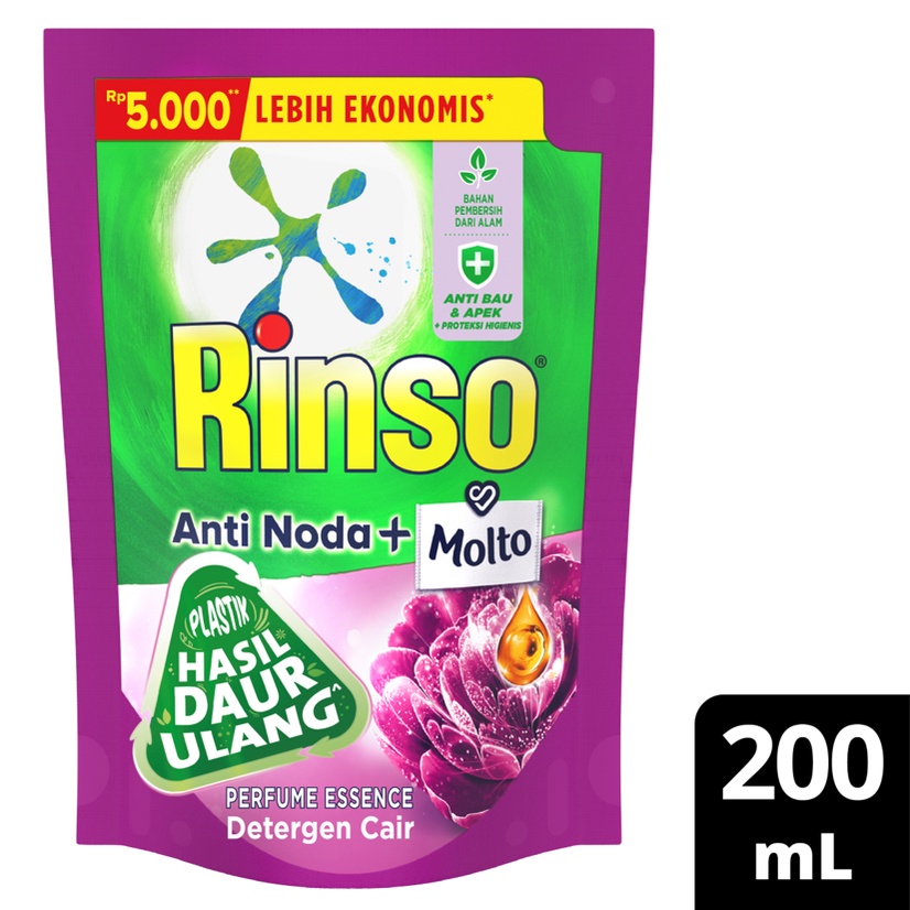 Rinso Molto Detergen Cair Kemasan Daur Ulang Perfume Essence Double Clean Fresh 200ML