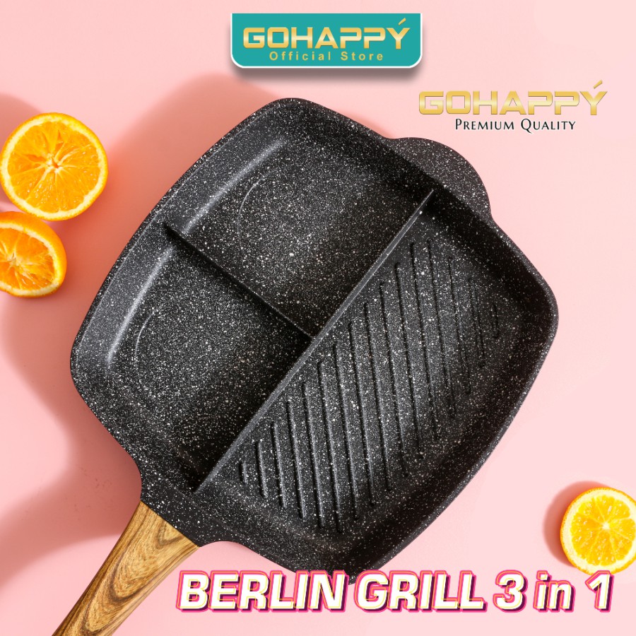 Everlux Berlin Grill Pan 3 sisi - Gohappy Panci Pemanggang Anti lengket - Alat panggang 3 sekat devider