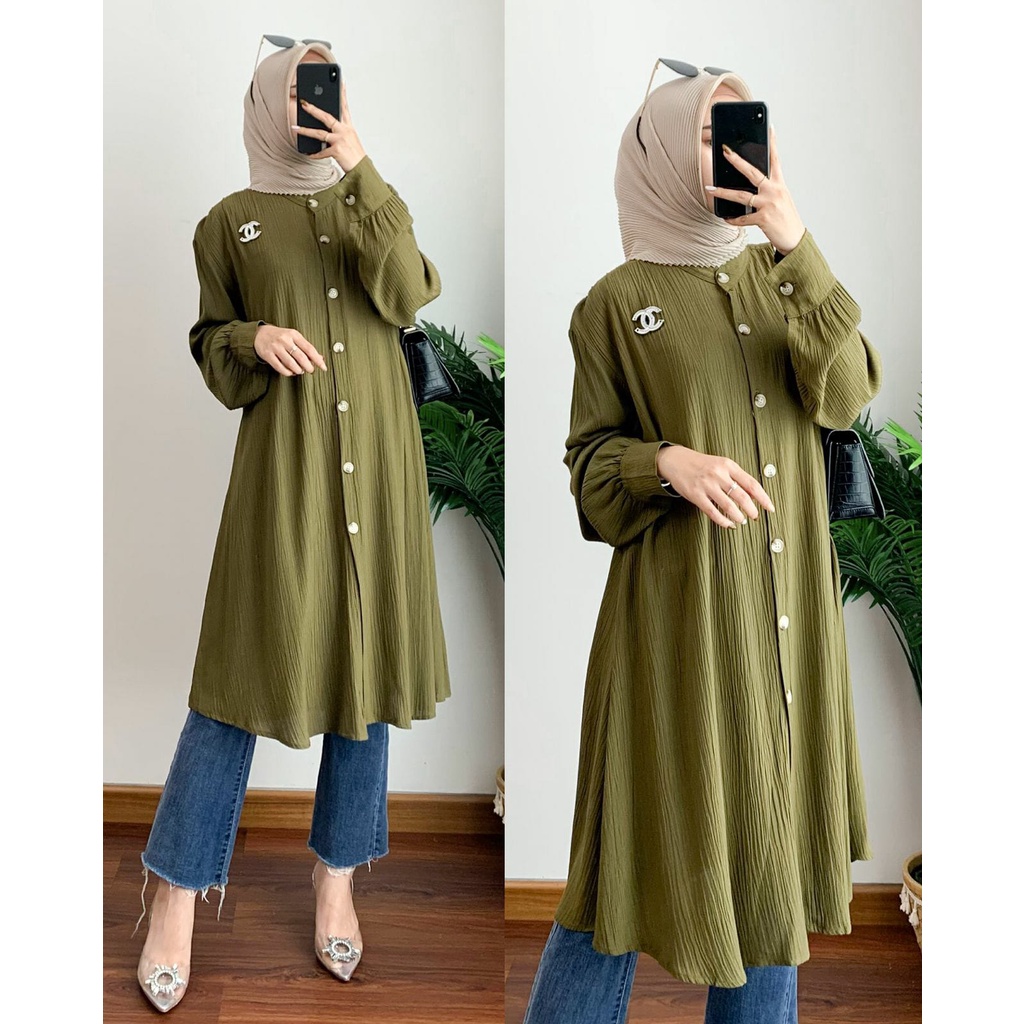 NEW- Arini Tunik Crinkle LD ± 118 cm / Kemeja Atasan Wanita OVERSIZE Lengan Panjang Bahan Cotton Crinkle