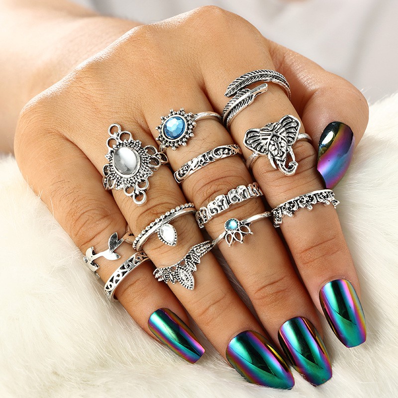 12 Pcs / Set Berongga Cincin Jari Set Gajah Water Drop Vintage Punk Boho Knuckle Rings Jewelry