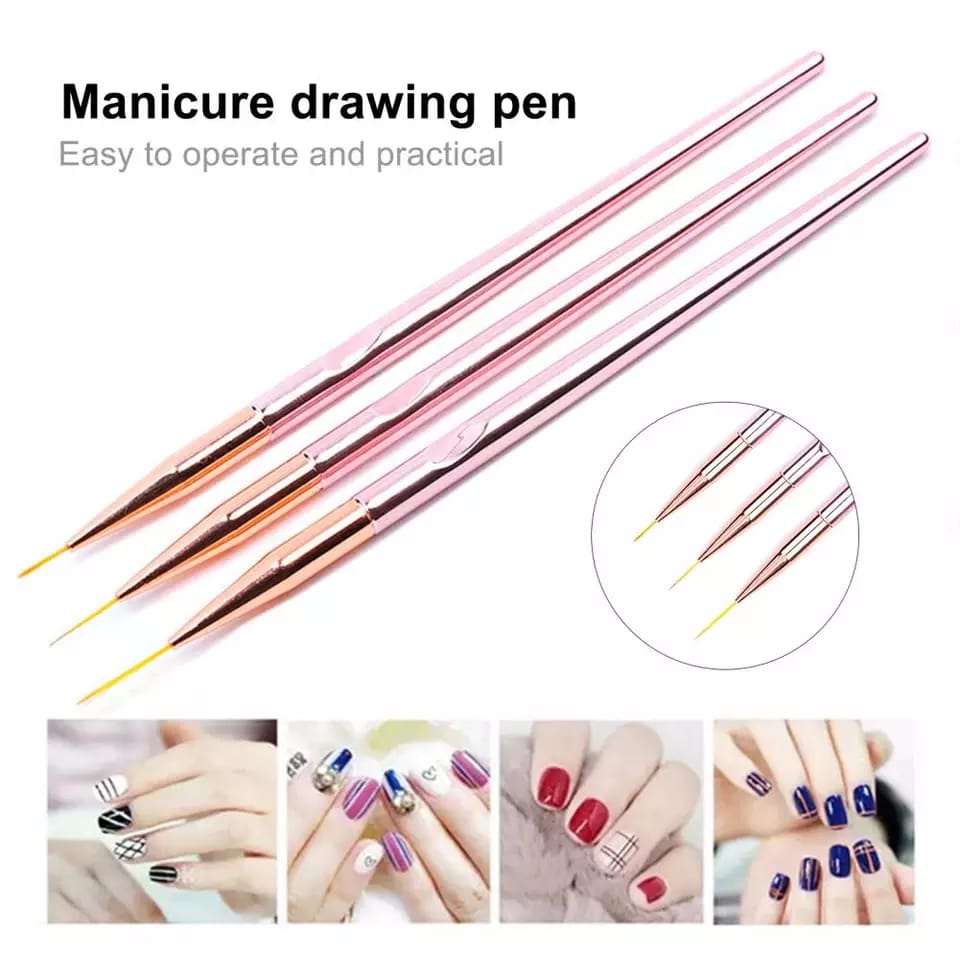 Kuas Liner Brush Akrilik Rose Gold Nail Art Kuas Lukis Garis Lurus Kuku Set Brush Liner 3PCS F807