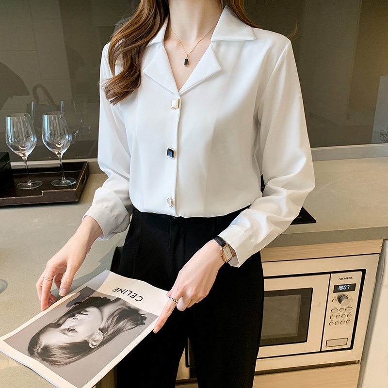 Korean Style Kemeja Putih Hitam Wanita Lengan Panjang Polos Baju Kemeja Wanita Kekinian Women Black White Suit Collar Long Sleeve Blouses Shirts