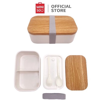 MINISO Kotak Makan Estetik 900ml + Gratis Sendok Garpu Lunch Box Putih 2 Grids Tempat Bekal Kayu Imitasi Besar Bento Lunch Box bukan Lock n Lock