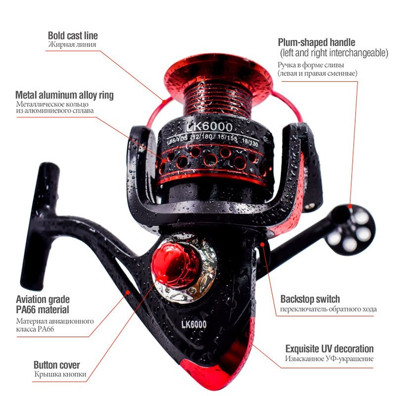 Gold Sharking LK5000 Reel Pancing Spinning Fishing 5.2:1 Ball Bearing 13 - Black/Red