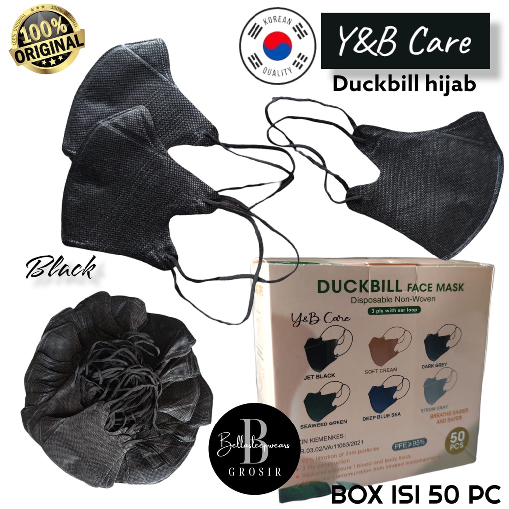 HIJAB DUCKBILL YB 50 - MASKER DUCKBILL 3PLY HIJAB GARIS Y&amp;B CARE KOREA PUTIH HITAM ABU