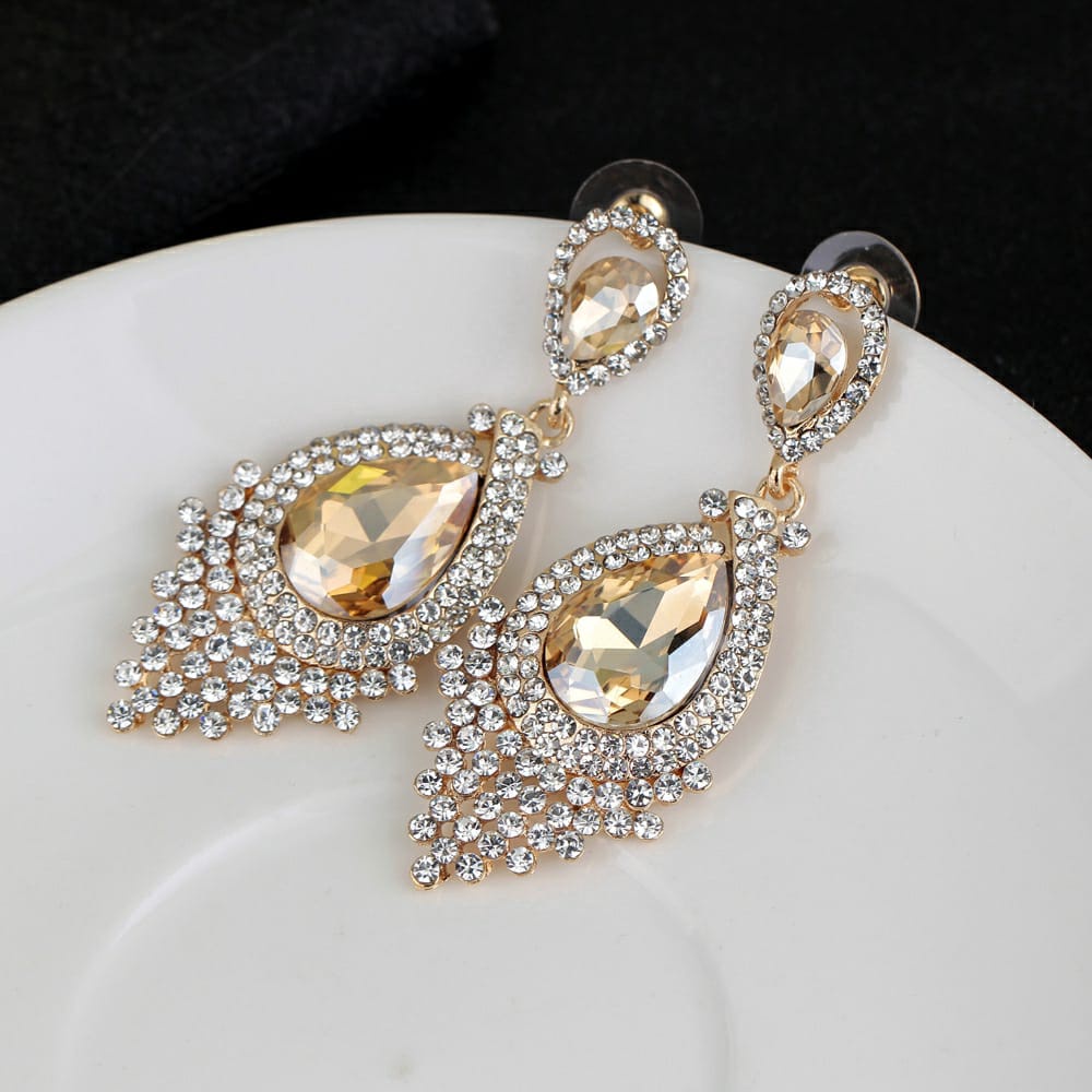 Retro Earring - Anting Giwang Model Tetesan Air Dengan Kristal + Rumbai Untuk Aksesoris Pengantin / Gaya