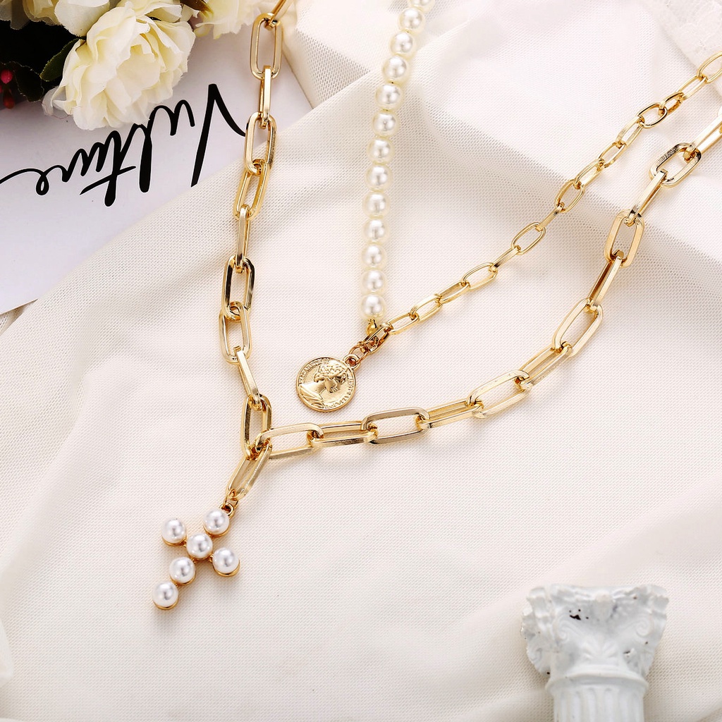 Kalung Rantai Panjang Multilayer Liontin Koin Salib Aksen Mutiara Gaya Boho Untuk Wanita