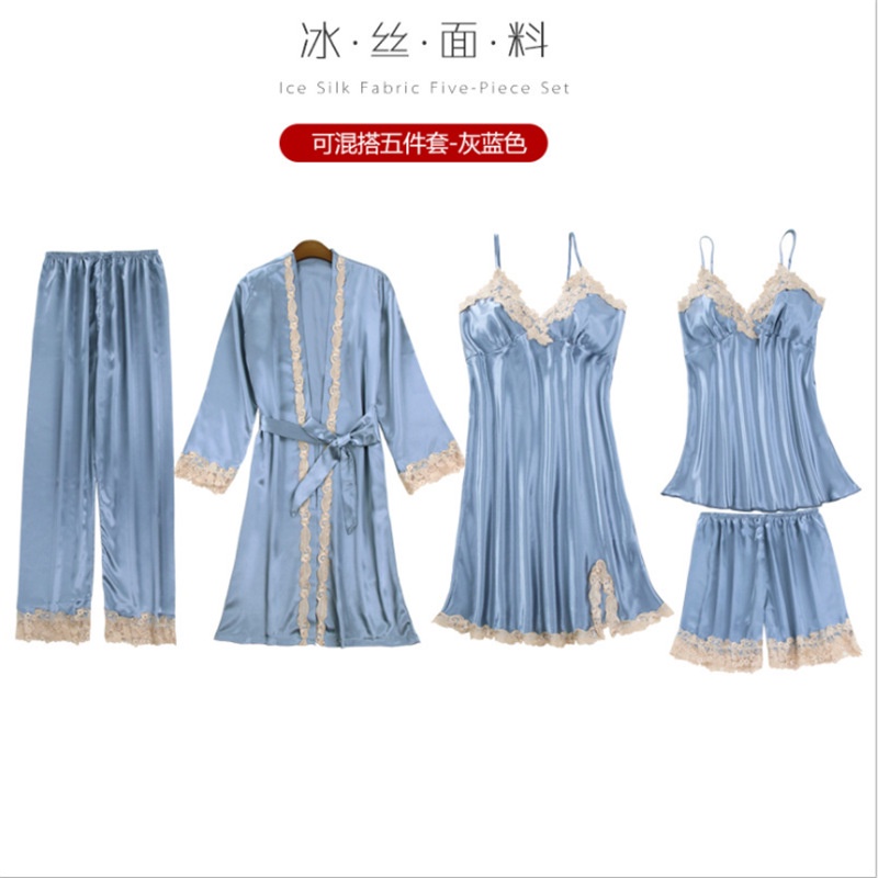 S5T939 Setelan 5pcs Sleepwear Baju Tidur Piyama Pajamas Wanita Premium - Lingerie Kimono, Babydoll, Tanktop, Celana Panjang &amp; Pendek