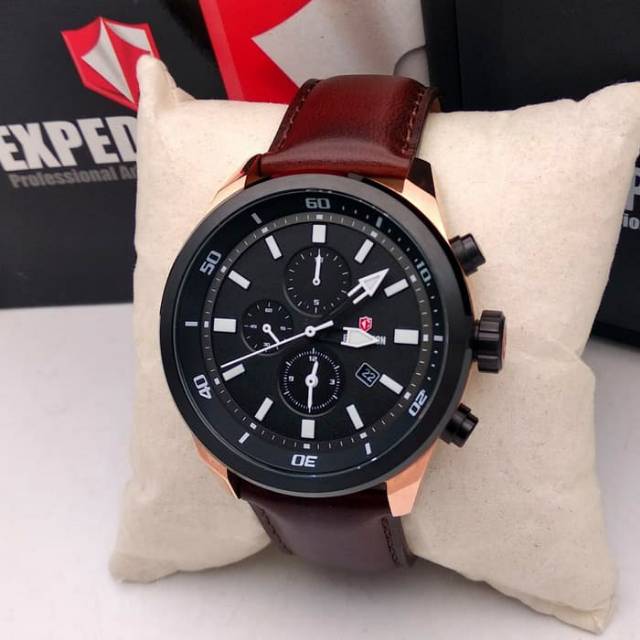 Jam Tangan Pria Expedition E6776  Rose Gold Black Leather Brown for Men Original E6776M E 6776 M