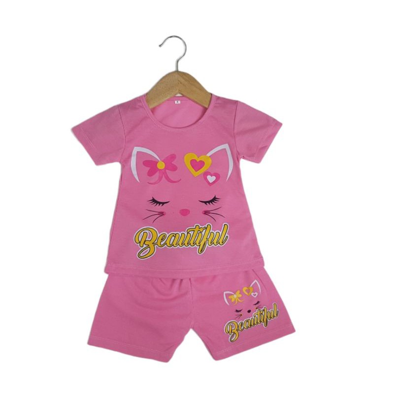 SETELAN SIKUNING PAKAIAN BAJU ANAK PEREMPUAN 2-7 TAHUN MOTIF CAT CUTE BEUTIFFUL