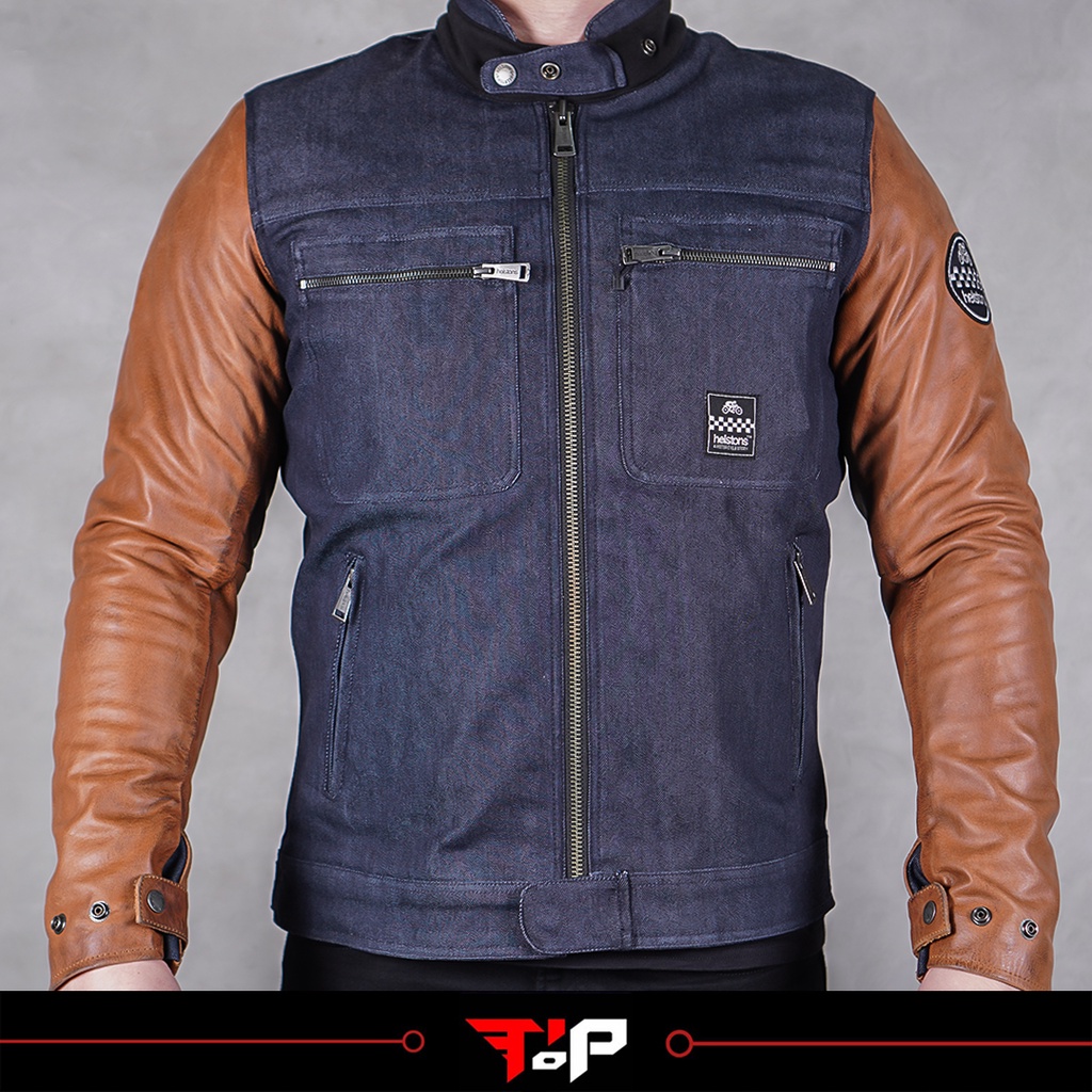HELSTONS JACKET WINSTON COTTON LEATHER BROWN BLUE JAKET MOTOR