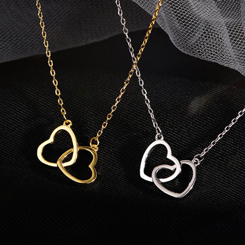 Kalung Rantai Choker Liontin Hati Ganda Bahan Logam Warna Emas Perak Untuk Wanita