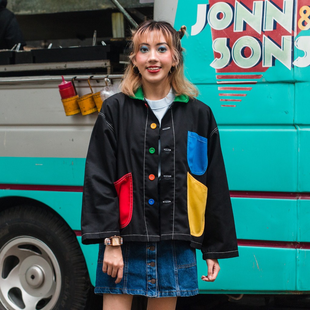 Jaket Wanita Tucker Color Block Merah Biru Kuning Hitam