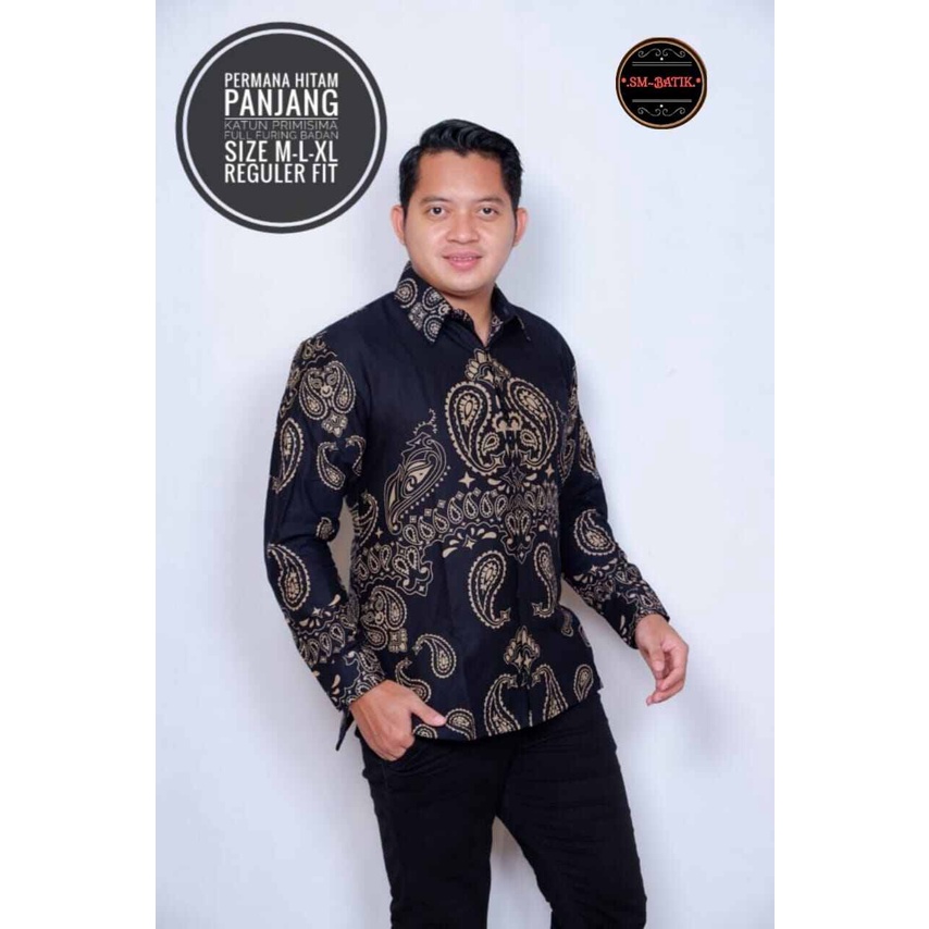 Kemeja batik Premium warna hitam / batik lengan panjang terbaru 2022 / baju batik lengan panjang terbaru / batik pria lengan panjang lapis furing / kemeja batik kerja premium / kemeja batik solo PERMATA HITAM