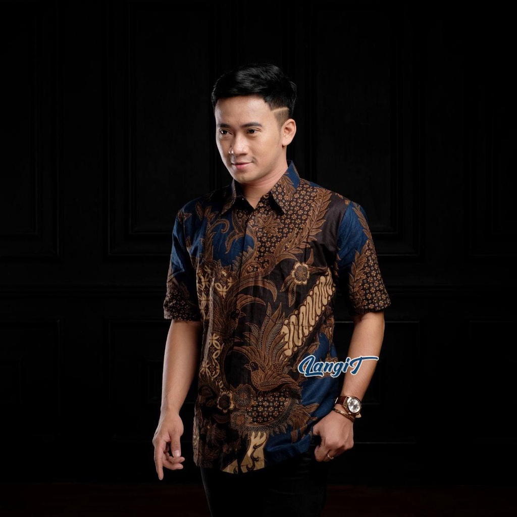 Batik Pria Lengan Pendek Premium BATIK AZMIL HRB026 motif KERATONAN Kode 002 size M L XL XXL-PENDEK-Mahesa Navy