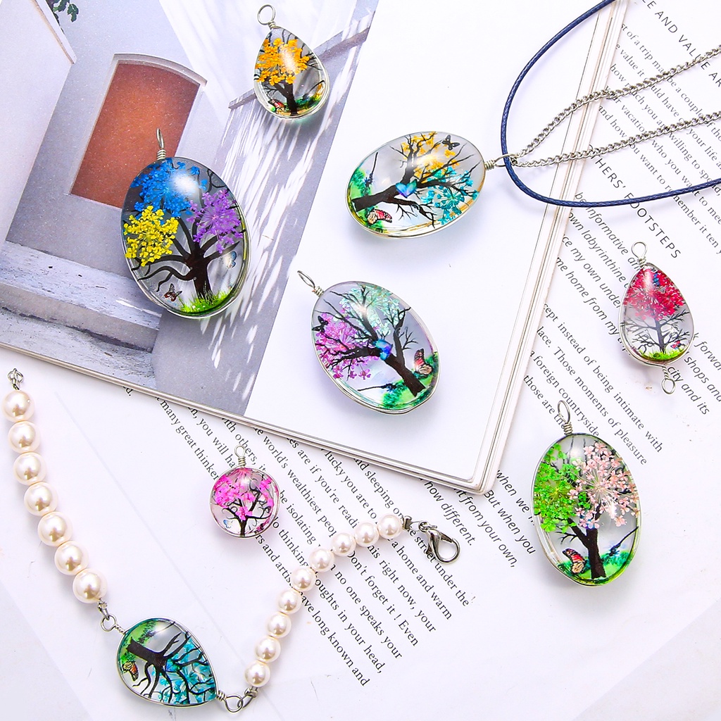 2 Pcs Alami Bunga Kering Cabochon Kaca Transparan Pesona Kalung Anting-Anting Gelang Liontin Membuat Perhiasan DIY Aksesori