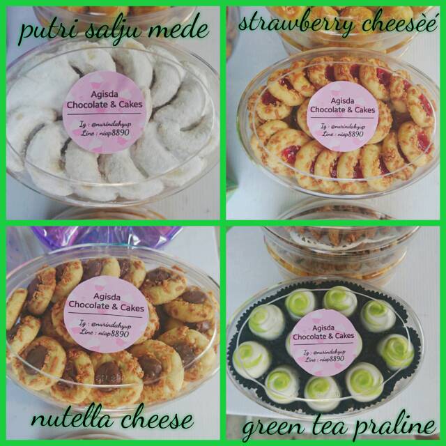 

Putri salju mede , strawberry cheese , nutella cheese, green tea praline