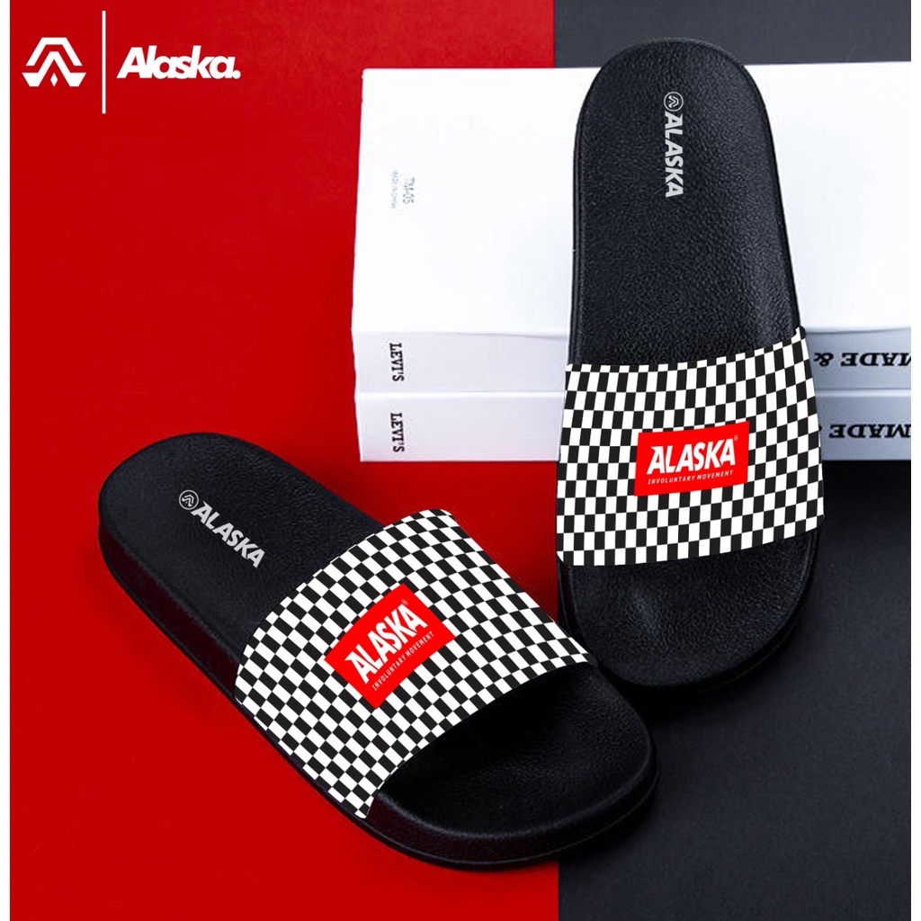 Sandal Slide Pria Dewasa Motif Printing Black white kekinian