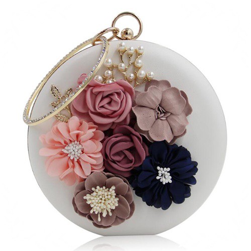 JT0064-white Tas Pesta Bulat Bunga Import Cantik