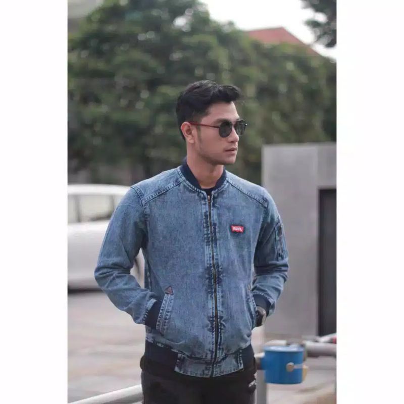 TURUN HARGA ! JAKET BOMBER JEANS SLETING PRIA COWOK SENWASH SANDWASH BOMBER DENIM ROCAFELA