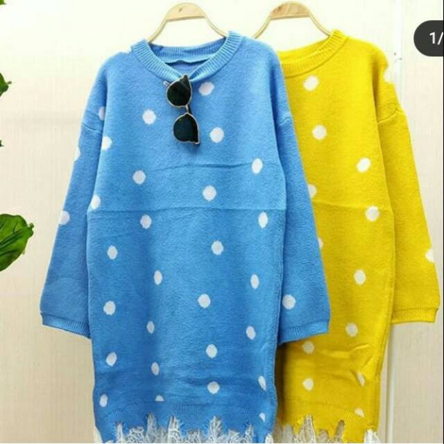 Tunik rajut polkadot renda