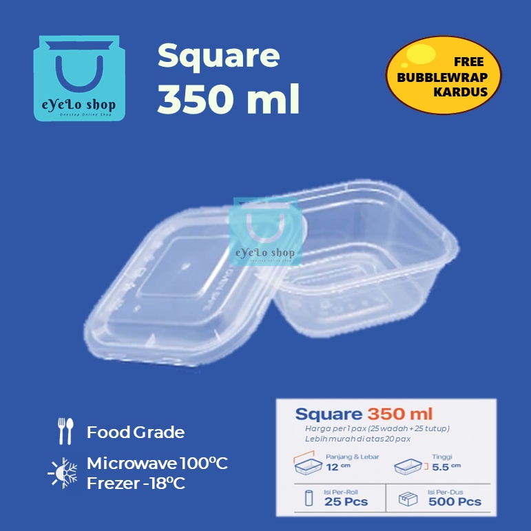 Thinwall Square 350 ml Wadah Plastik Tempat Puding / Salad / Buah / Rujak - isi 25 wadah + 25 tutup