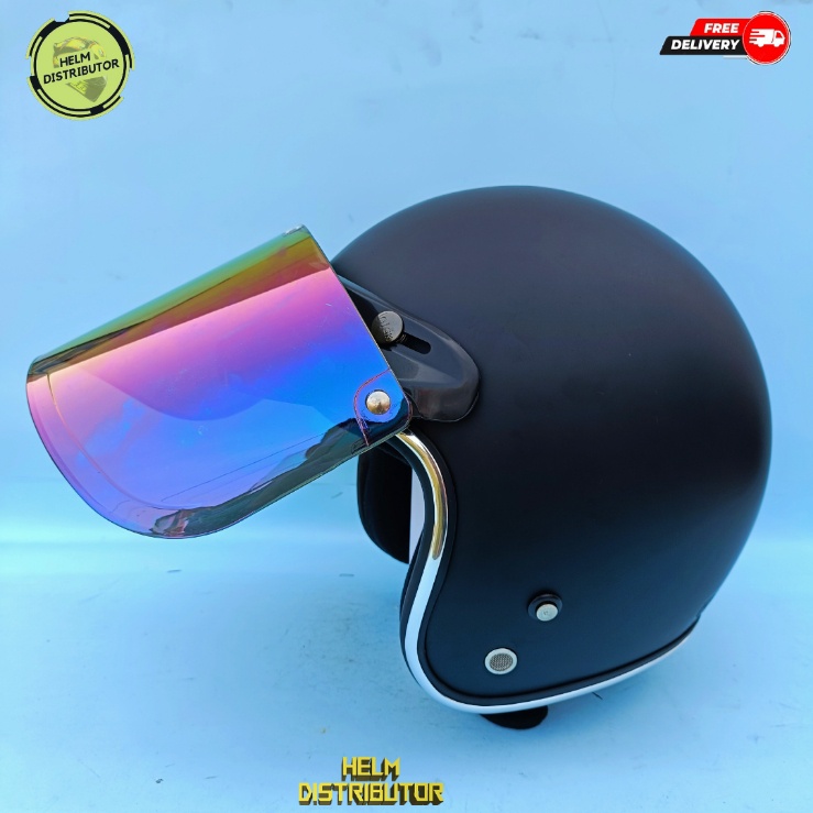 HELM BOGO DEWASA KACA DATAR BIRU DAN GOLD, LIS CHROME KUALITAS PREMIUM, UNTUK PRIA DAN WANITA. COD